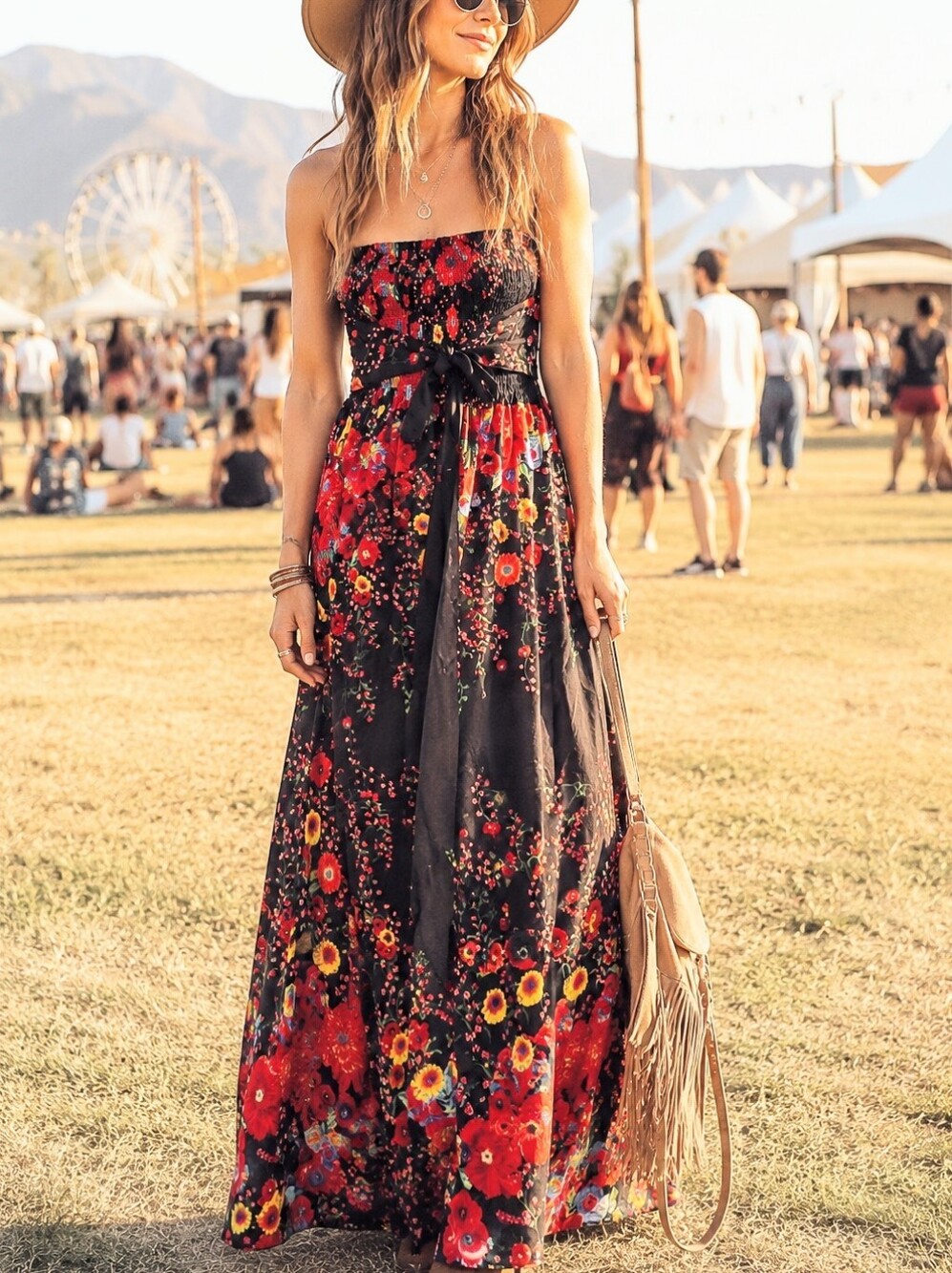 Dark Floral Smocked Strapless Maxi Dress Skirt Boho Resort Festival Cottagecore